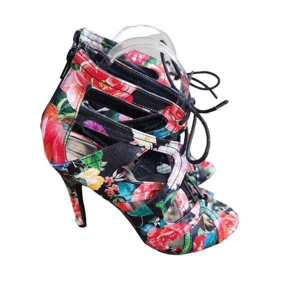 Madden Girl Floral Lace-Up Open-Toe High Heels With Back Zipper & Cutout Design - Picture 4 of 10